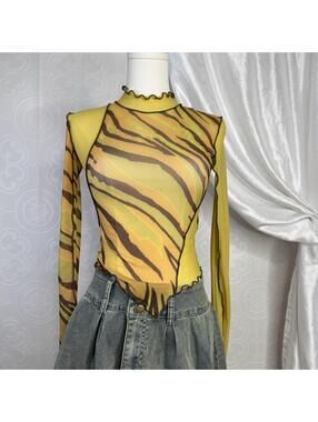 Urban Outfitters Sheer Mesh Top Small Green Asymmetrical Patchwork Animal Print